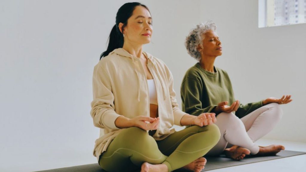 Two women meditating on a yoga mat in a calm, sunlit room.